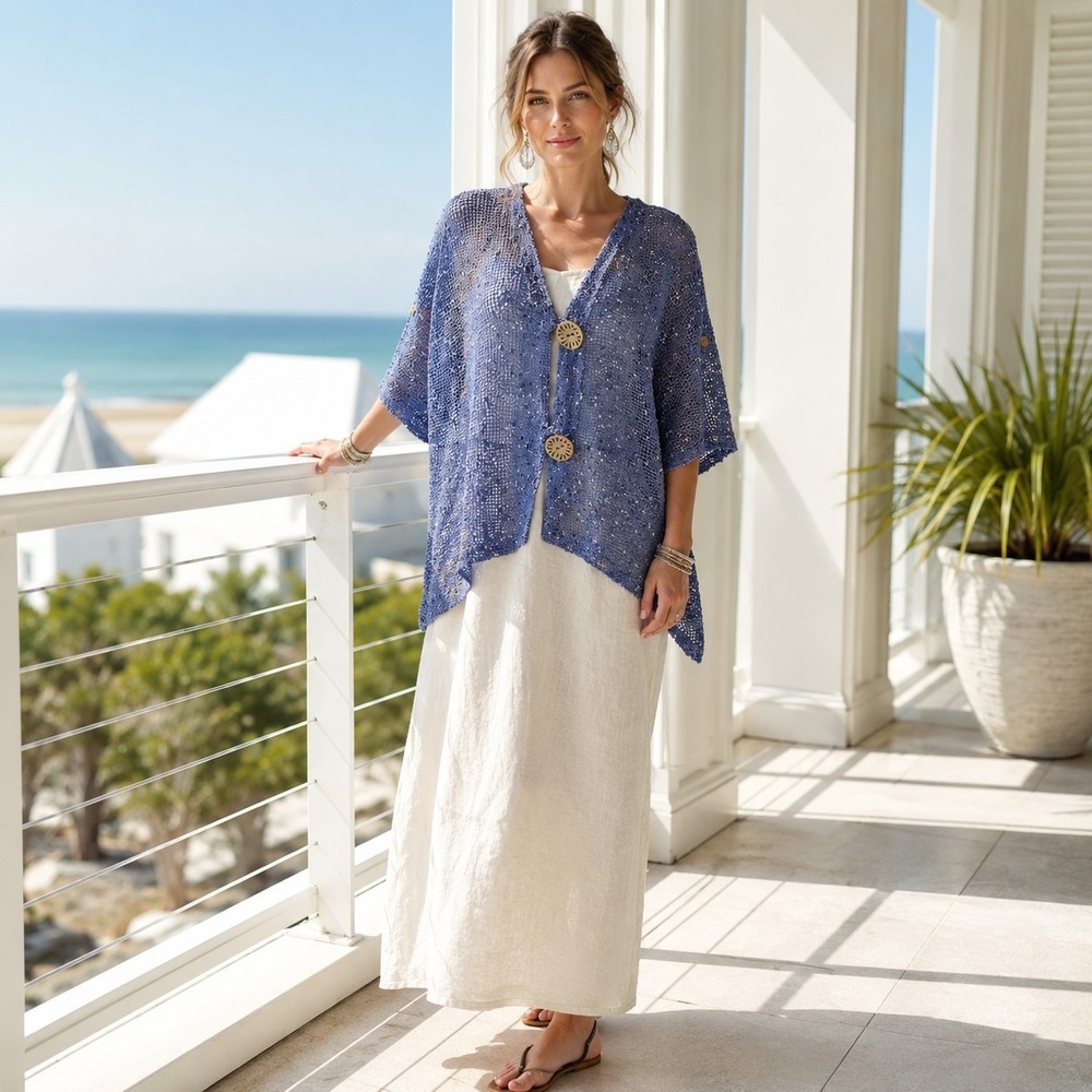 Lulu-B Blue Open Knit Mesh Cardigan XL Fishnet Coastal Boho Lagenlook Beach